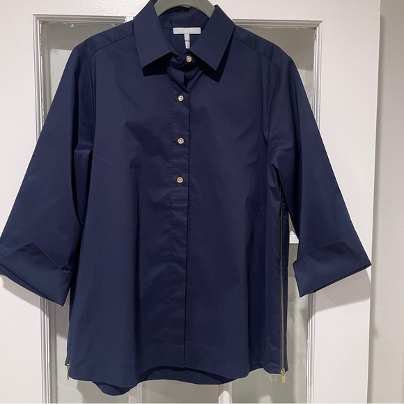 Hinson Wu Tops - Hinson Wu Savannah Shirt Blouse Side Zippers French Cuff 3/4 Sleeves Navy Sz S